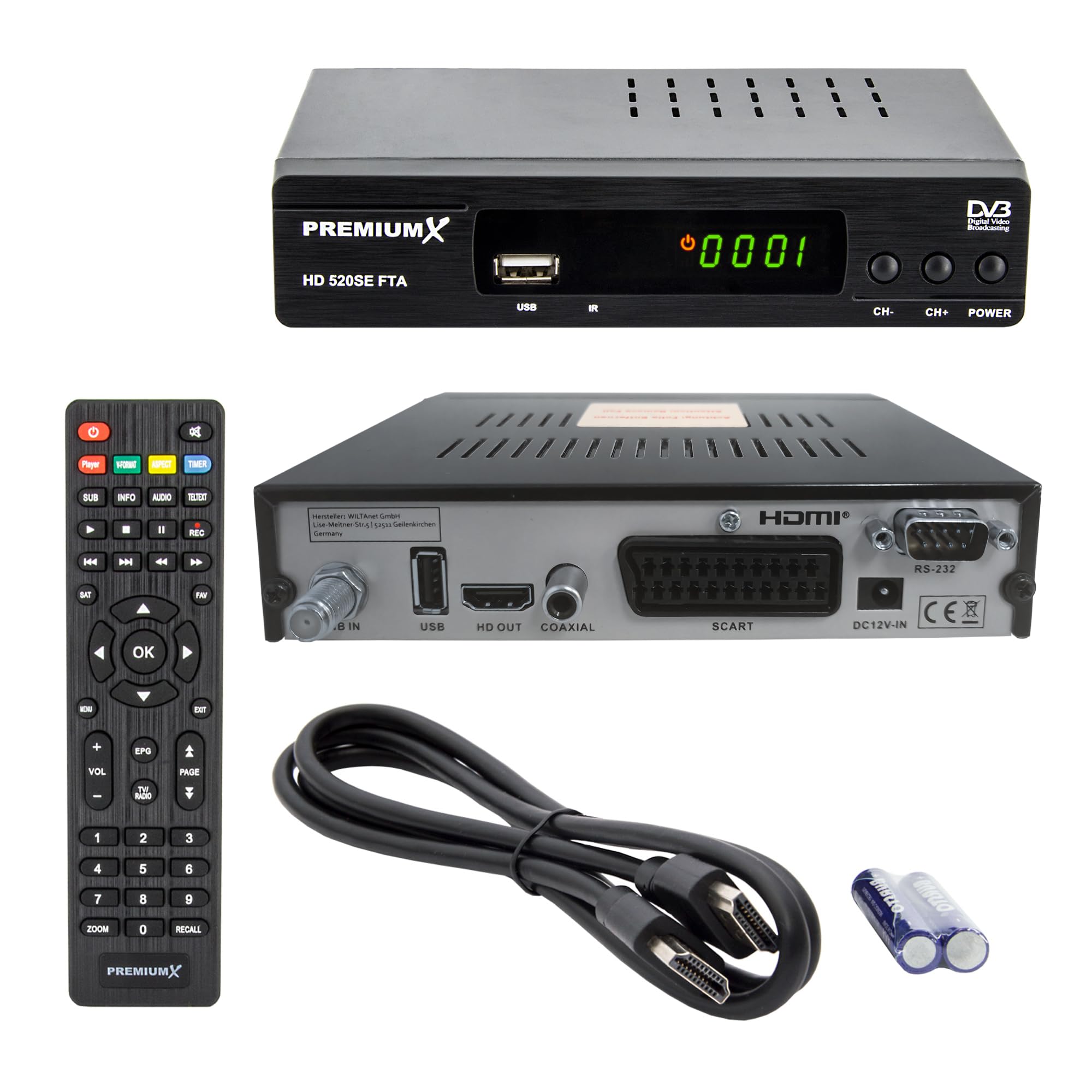 PremiumX odbiornik satelitarny HD 520SE FTA Digital SAT, DVB-S2 FullHD HDMI SCART 2 X USB odtwarzacz multimedialny, Astra Hotbird wstępnie zaprogramowany