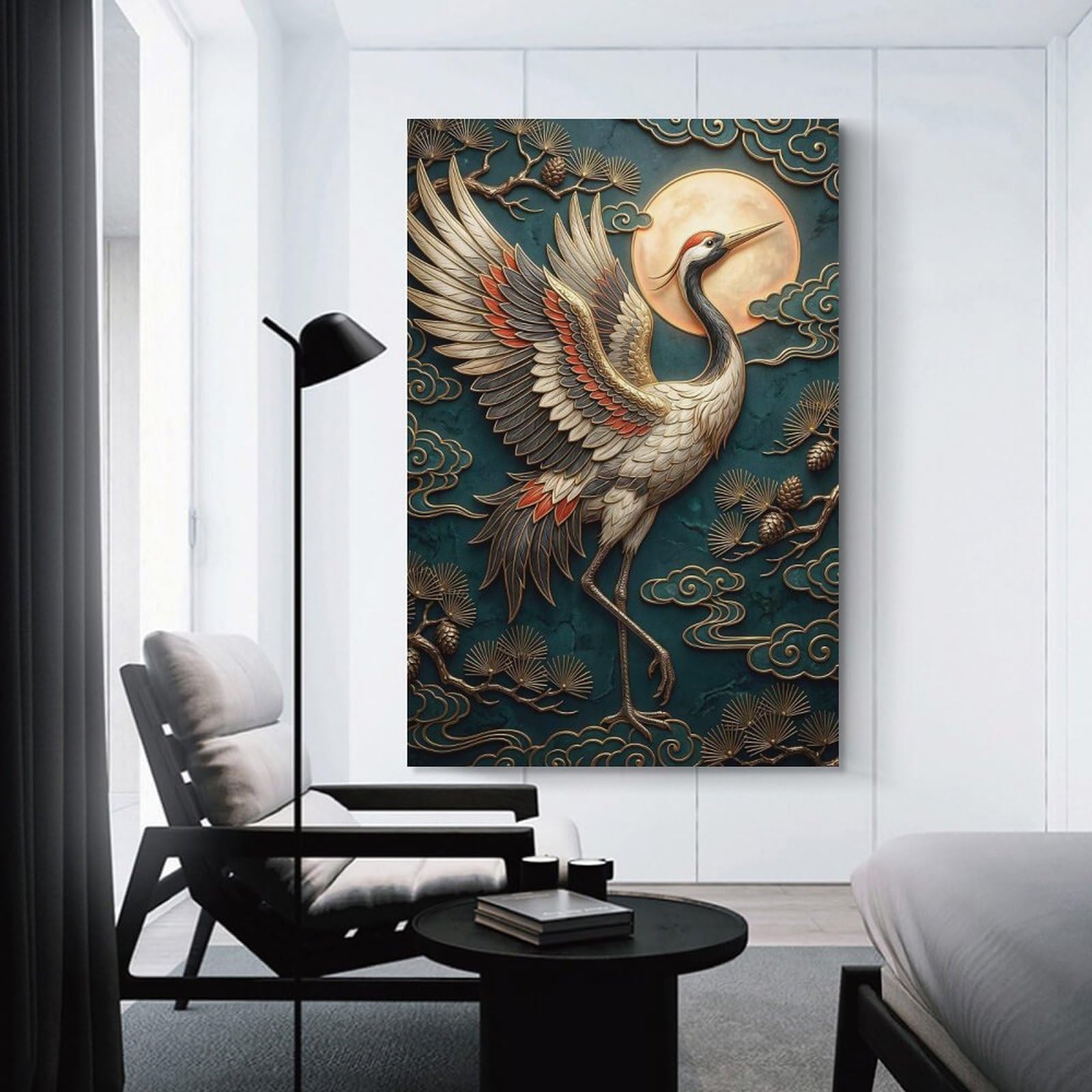 Junmoney Elegant Crane with Moon And Clouds Wall Picture Print 12x18inch(30x45cm), for Corridors, Hallways Or Apartment Entries, Decorative Canvas Styling for Entry Areas