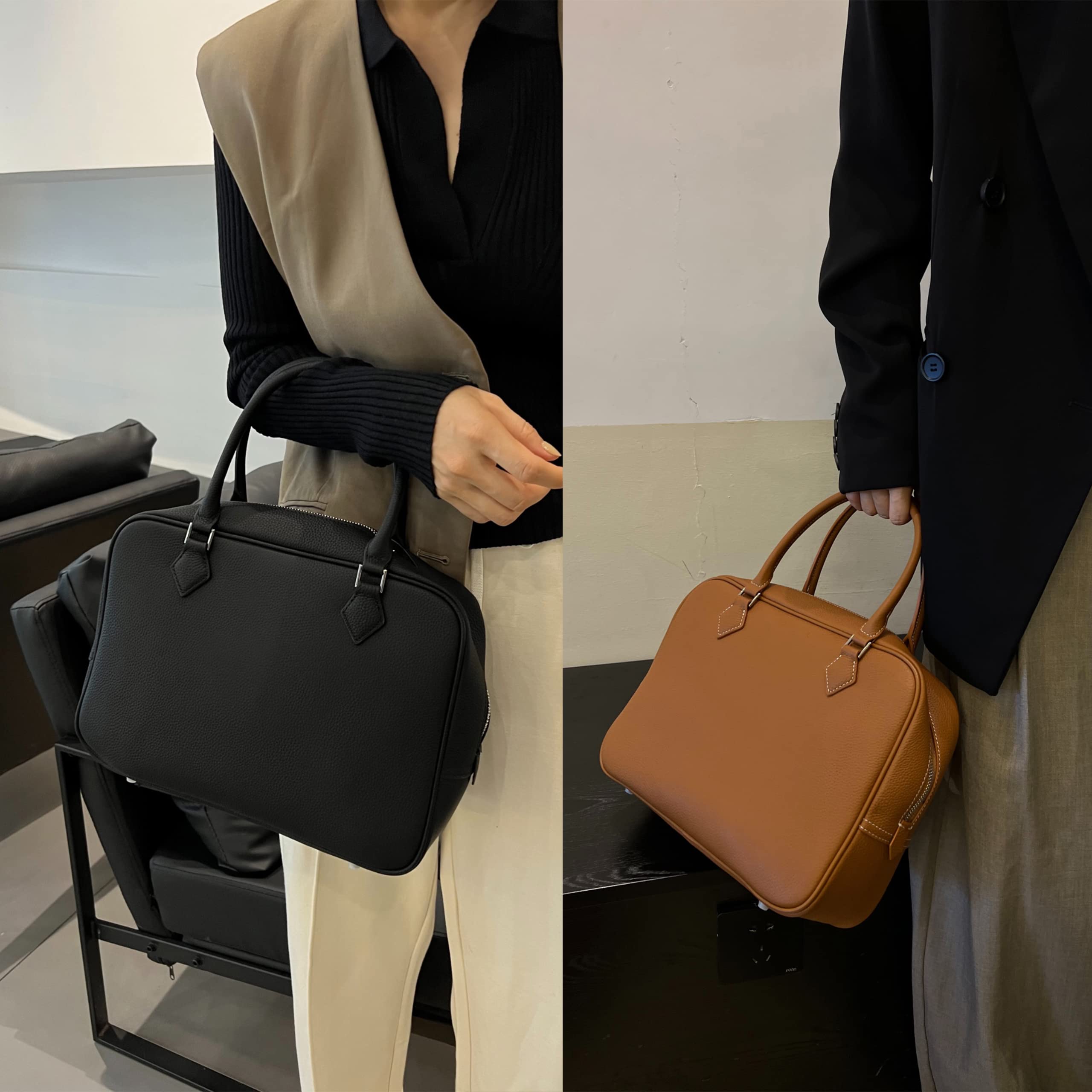 DORIS&JACKY Leather Satchel Purse For Women Medium Top Handle Pebble Grain Zip Tote Handbags (878-Brown)