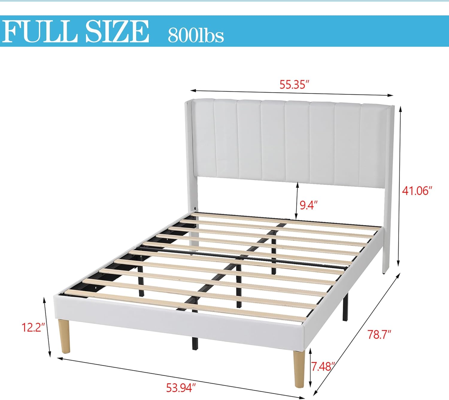 alazyhome Upholstered Platform Full Size Bed Frame with Headboard Wooden Slats Support No Noise Easy Assembly White Linen - Image 2