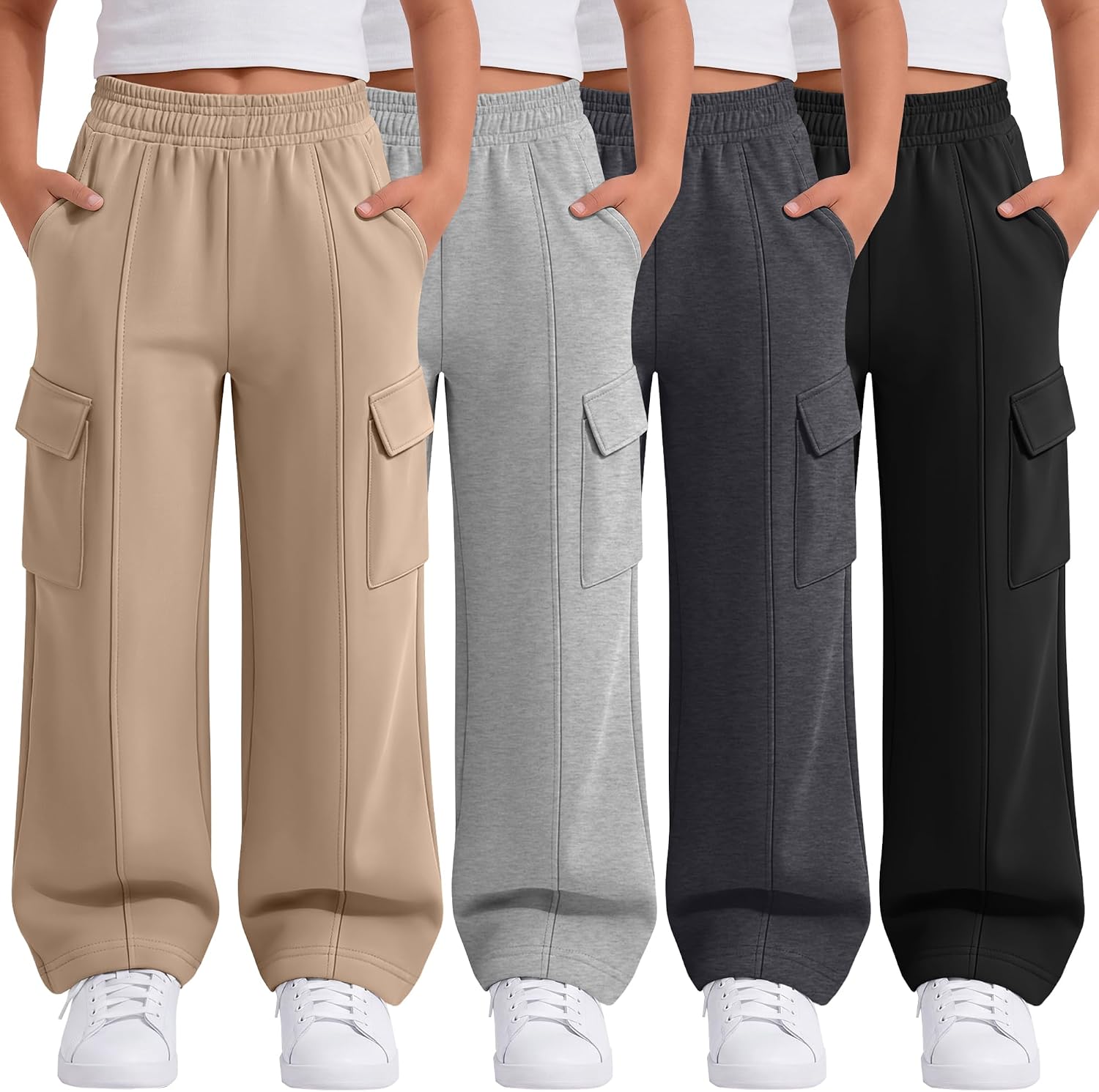 Ficerd 4 Pack Girls' Wide Leg Cargo Sweatpants Baggy Elastic Waistband Kids Casual Athletic Joggers with Pockets 5-14 Years