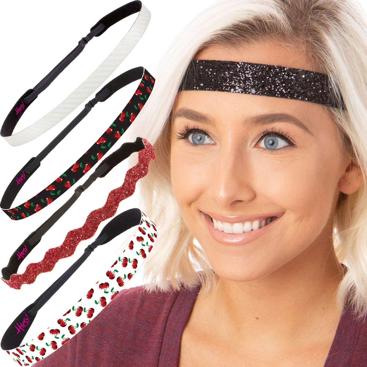 Hipsy Adjustable & No Slip Fashion Headbands for Women Cherry Gift Packs (Black/White/Ruby 5pk)