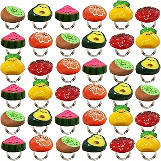 ArtCreativity Fruit Rings for Kids, Set of 48, Adorable Jewelry for Little Girls and Boys, Plastic Rings in Fun Assorted Colors and Designs, Dress Up Accessories, Goodie Bag Fillers for Kids