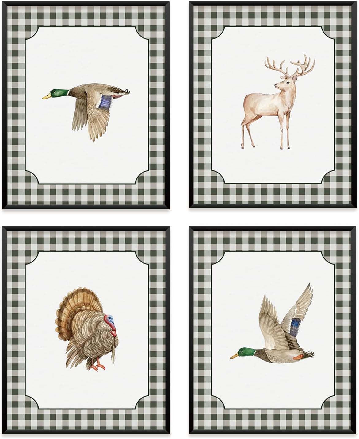 VONTP Hunting Animal Nursery Wall Art Decor, Rustic Turkey Deer Mallard Duck Nursery Prints Poster Wall Decorations for Kids Boys Girls Toddler Room Bedroom Playroom, 8×10 Inch Set of 4 (Unframed)