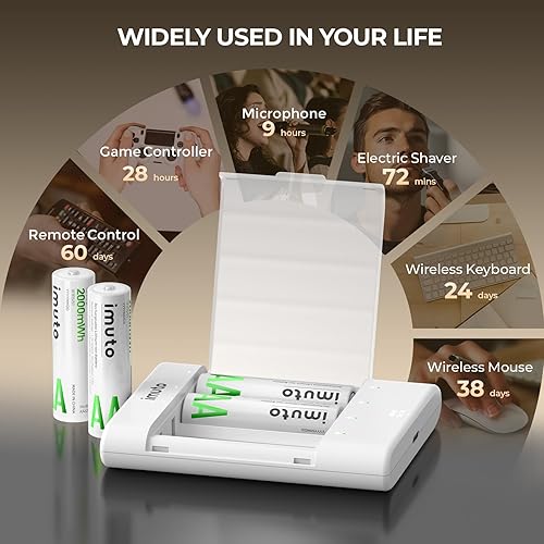 Miniatura 6 de imuto Baterías recargables AA con cargador, baterías de litio AA de 2000 mWh, paquete de 4 unidades, cargador de batería AA de litio delgado de 4