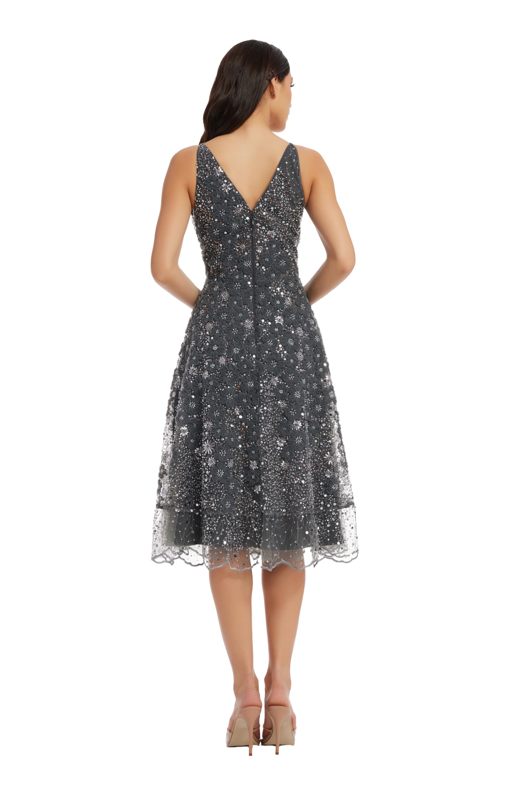 Dress the Population Women's Elisa Sleeveless Plunge Neckline Fit and Flare Midi Dress: XX-Large Steel