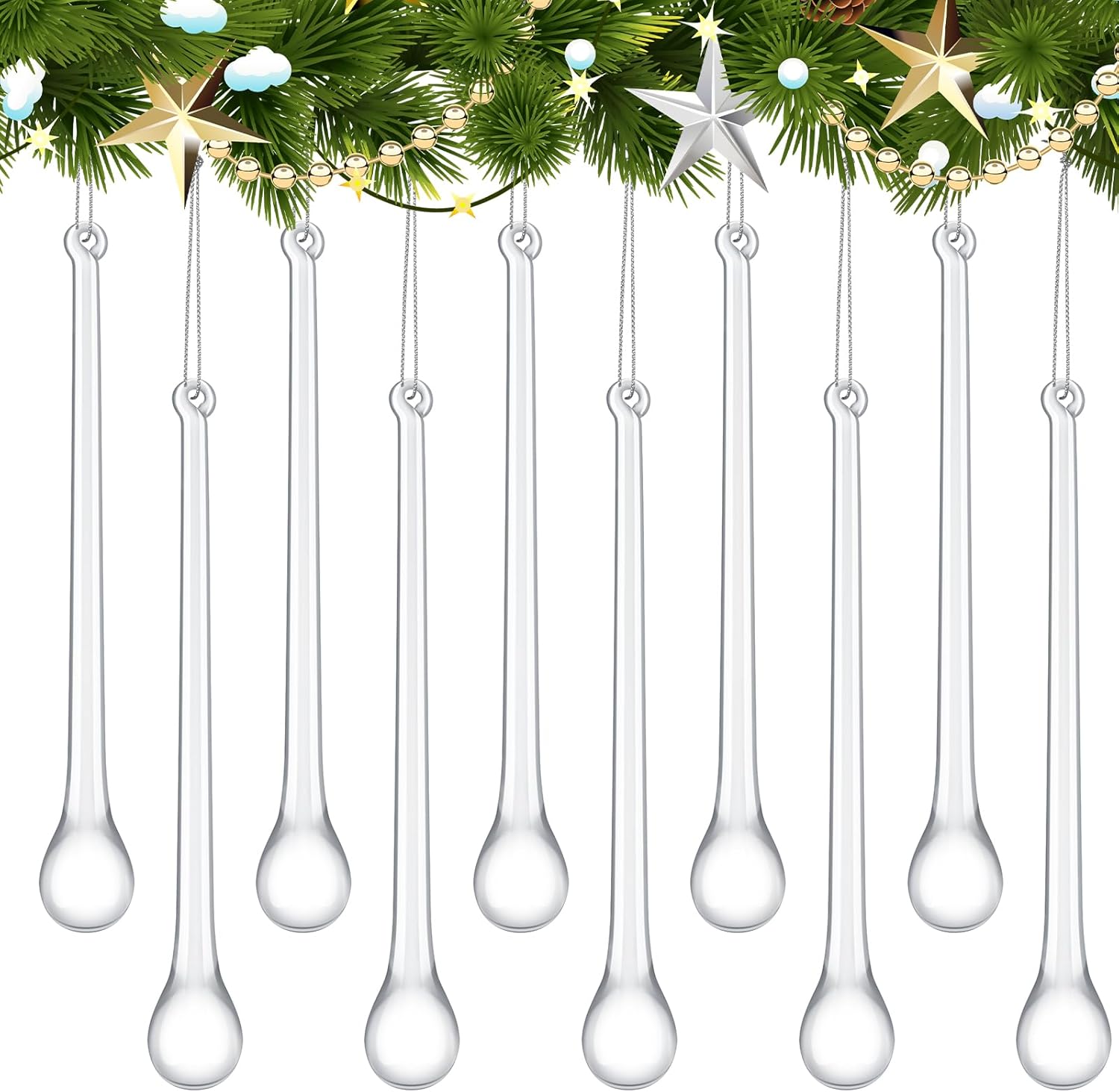 24 Pcs Glass Icicles Christmas Ornaments 3.94'' x 0.79'' Extra Long Clear Teardrop Christmas Chandelier Decorations Crystal Hanging Ornaments Glass Raindrops for Xmas Tree Decor Party 3.94'' X 0.79'' 24