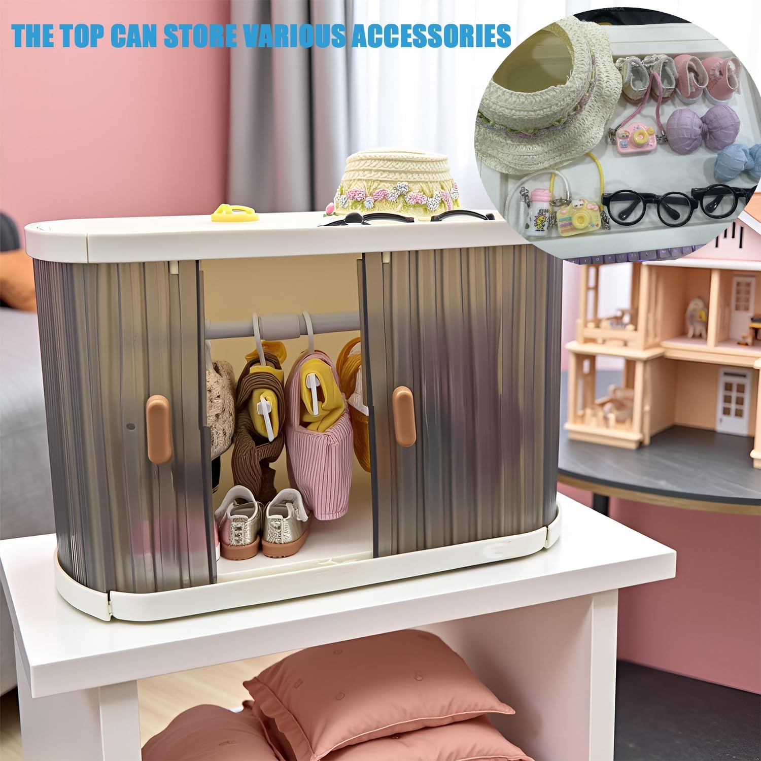 Foldable Doll Wardrobe Storage Box Compatible with Labubu Clothes,with 10 Clothing Rack & 1 Rod,Cabinet for 15/17cm Doll Clothes Storage with Cover & Display Shelf (Without Clothes)