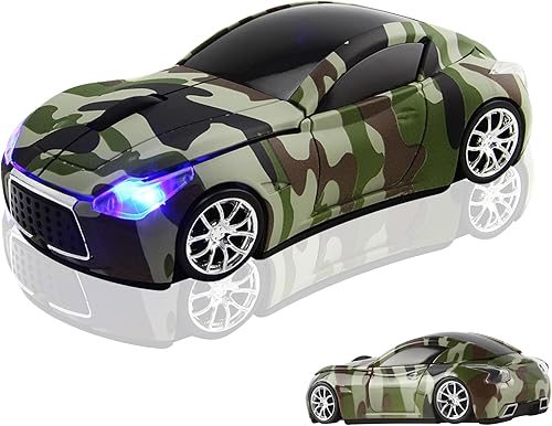 elec Space Ratón inalámbrico, mouse con forma de automóvil con faros LED, mouse de 2.4 G para niños con receptor USB, 1600 DPI lindo mouse para