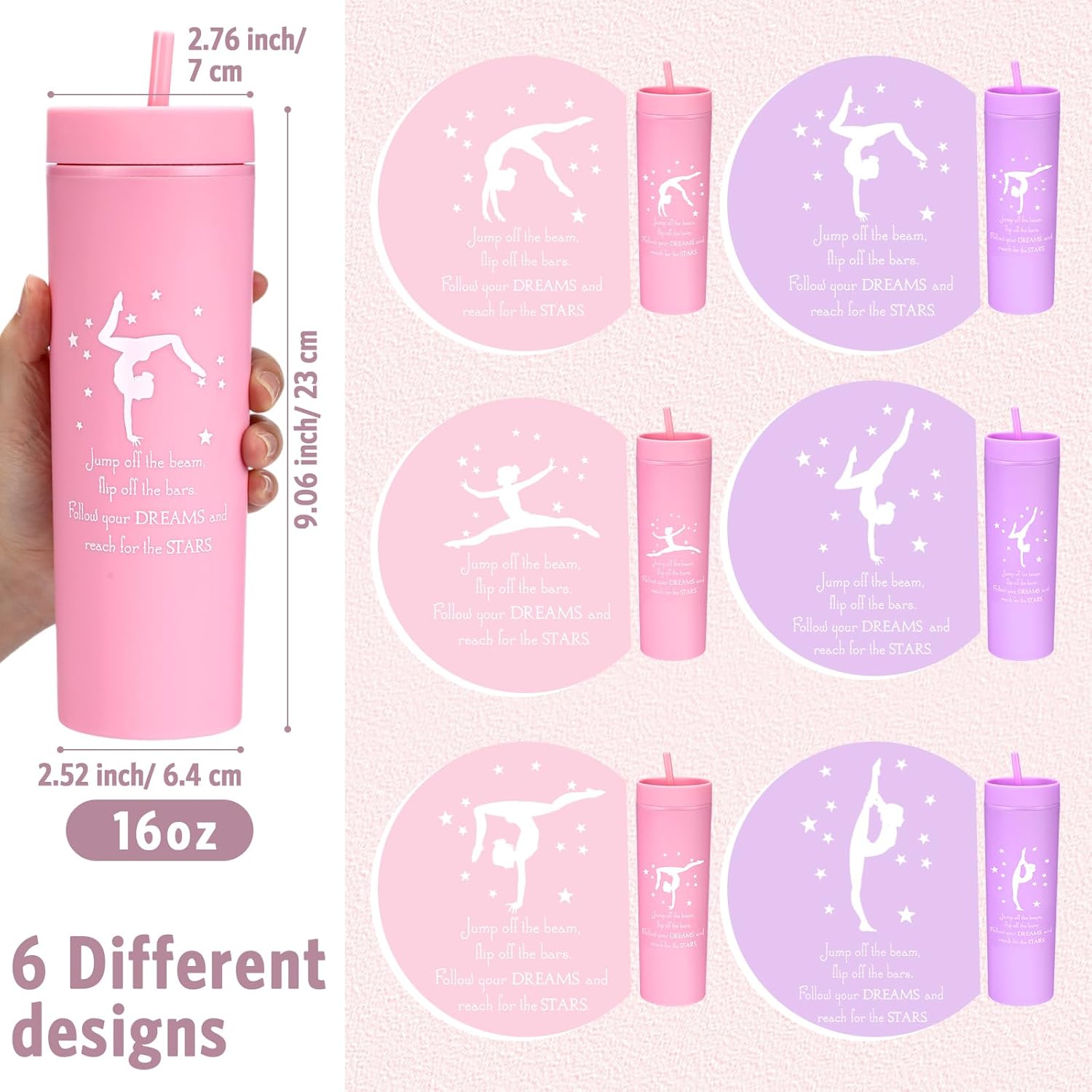 6 Pcs Gymnastics Party Favors Skinny Tumblers with Lids and Straws Gymnastics Birthday Party 16oz Water Bottle for Girls Teens Gymnasts Coach Team Gymnast Lovers(Pink,Purple)