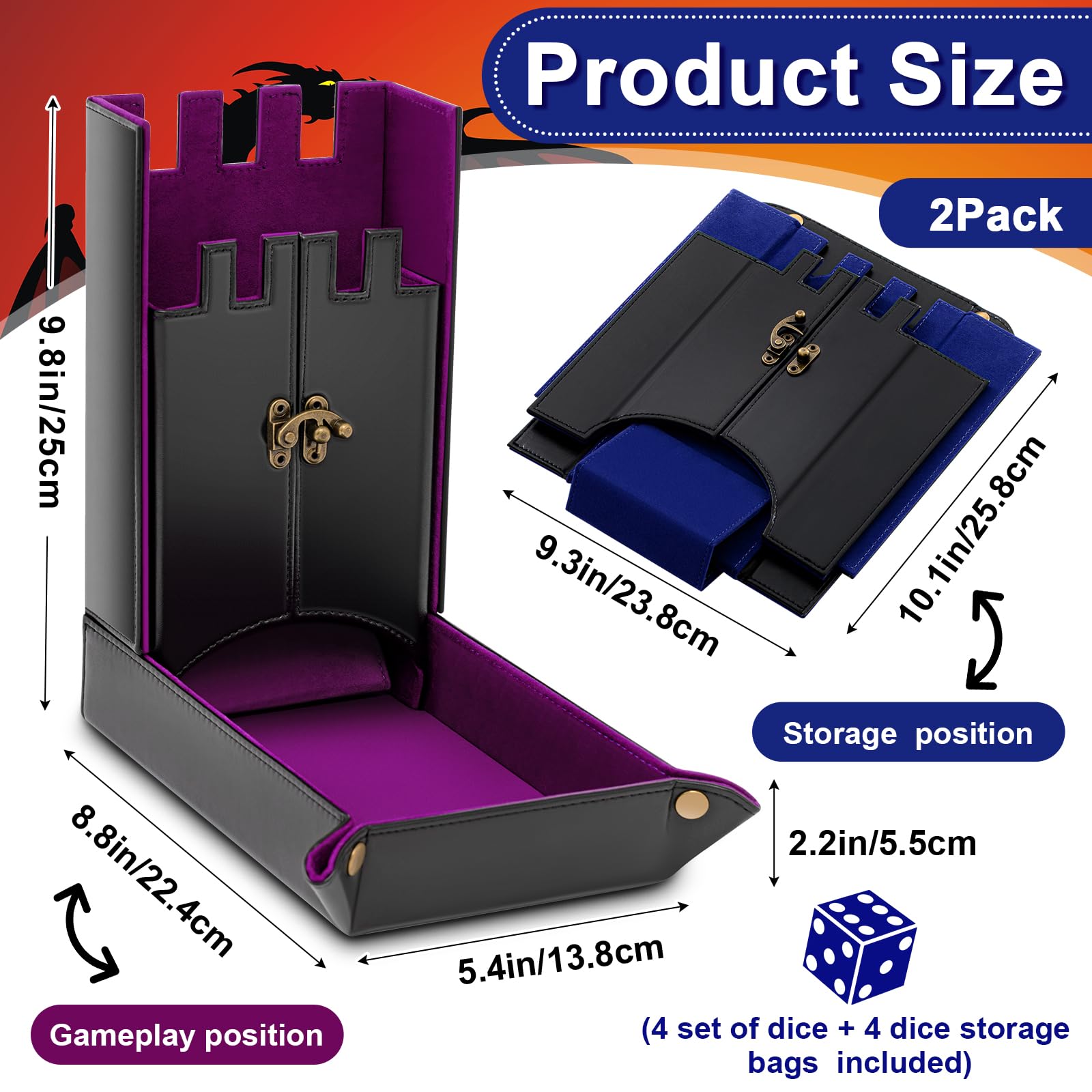 Arrowbash 2 Set Foldable Dice Tower and Dice Tray for Christmas Party Gifts Folding Rolling Tray Tower Portable Dice Tower for Tabletop Gaming Xmas Board Games (Purple and Blue)