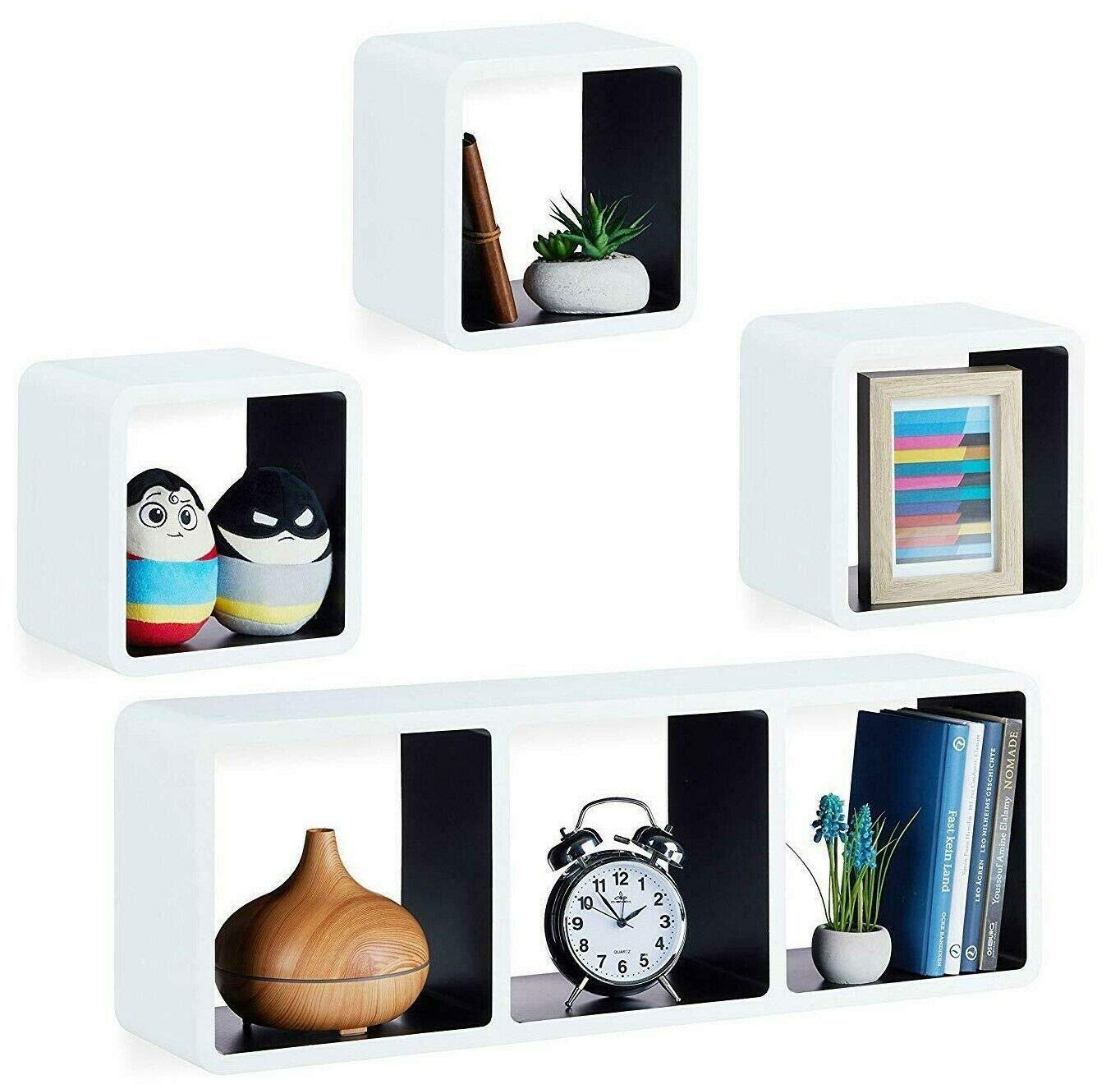 Delex Wall mounted Shelves Floating wooden Decorative Cube Storage Shelf Set of 4 White/Black