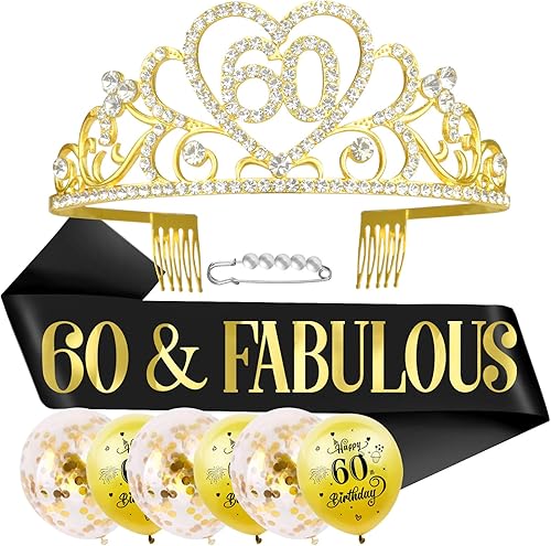 SKJIAYEE Decoraciones de cumpleaños número 60 para mujer, banda dorada negra "60 y fabulosa" y corona dorada con purpurina 60 y globos de cumpleaños disponible en Yaxa Venezuela