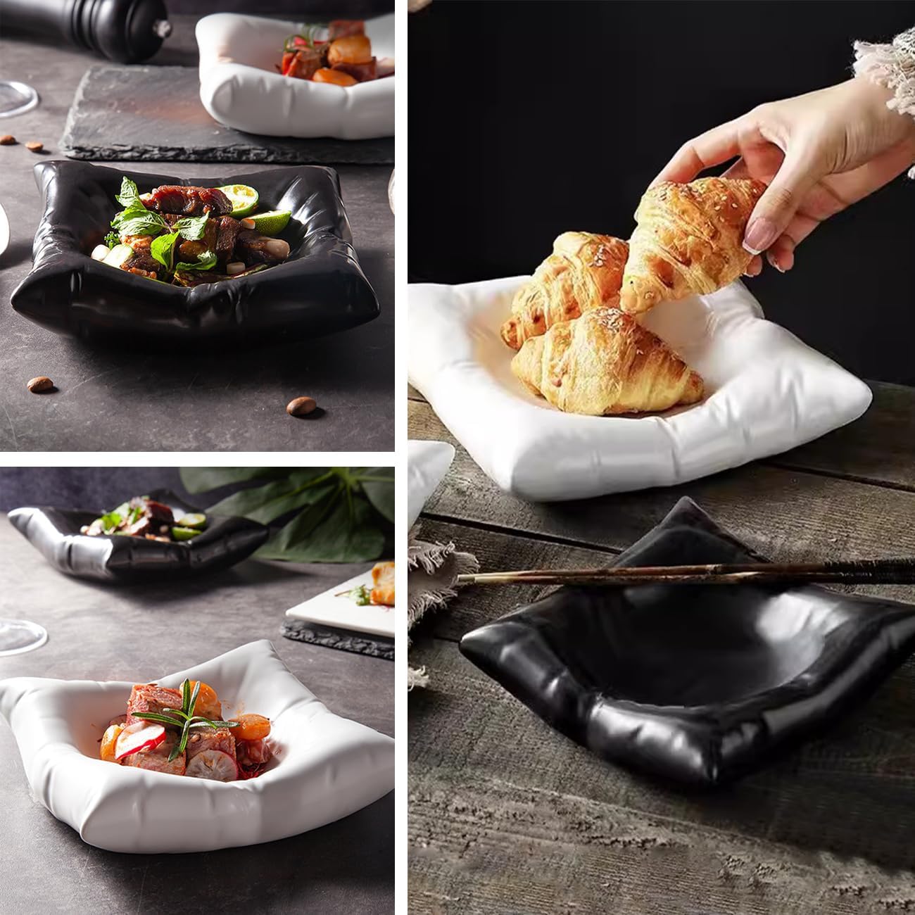 Ceramic Pillow-Shaped Dinner Plate Square Pillow Dessert Plate Serving Dishes for Salad Fruit Steak Tableware Dish Creative Appetizer Plate for Wedding Kitchen Party White 8"