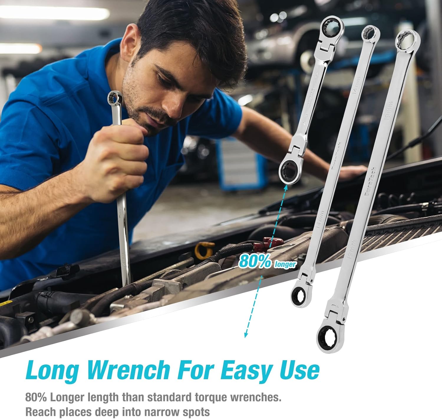 DURATECH 27PCS Extra Long Flex Head Ratcheting Wrench Set, 8-22mm, Double Box End Ratchet Wrench Set with E-type 8-22mm Replacement Heads, 10x19mm, 1/4", 3/8", 1/2" Socket Adapters