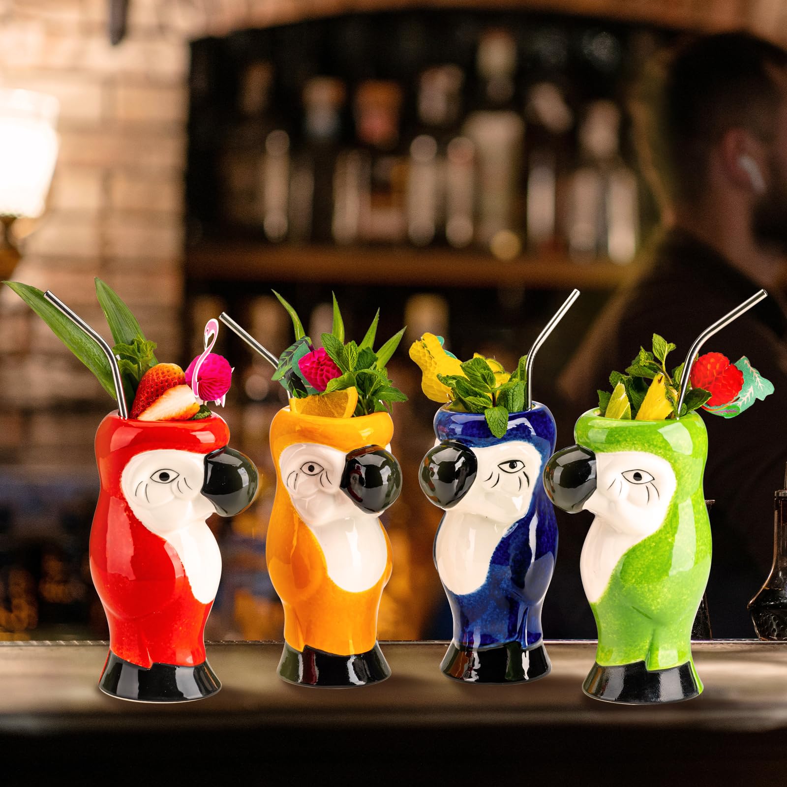 Set di 4 tazze Tiki da cocktail – grandi tazze Tiki in ceramica, bicchieri Tiki, bicchieri da cocktail esotici carini