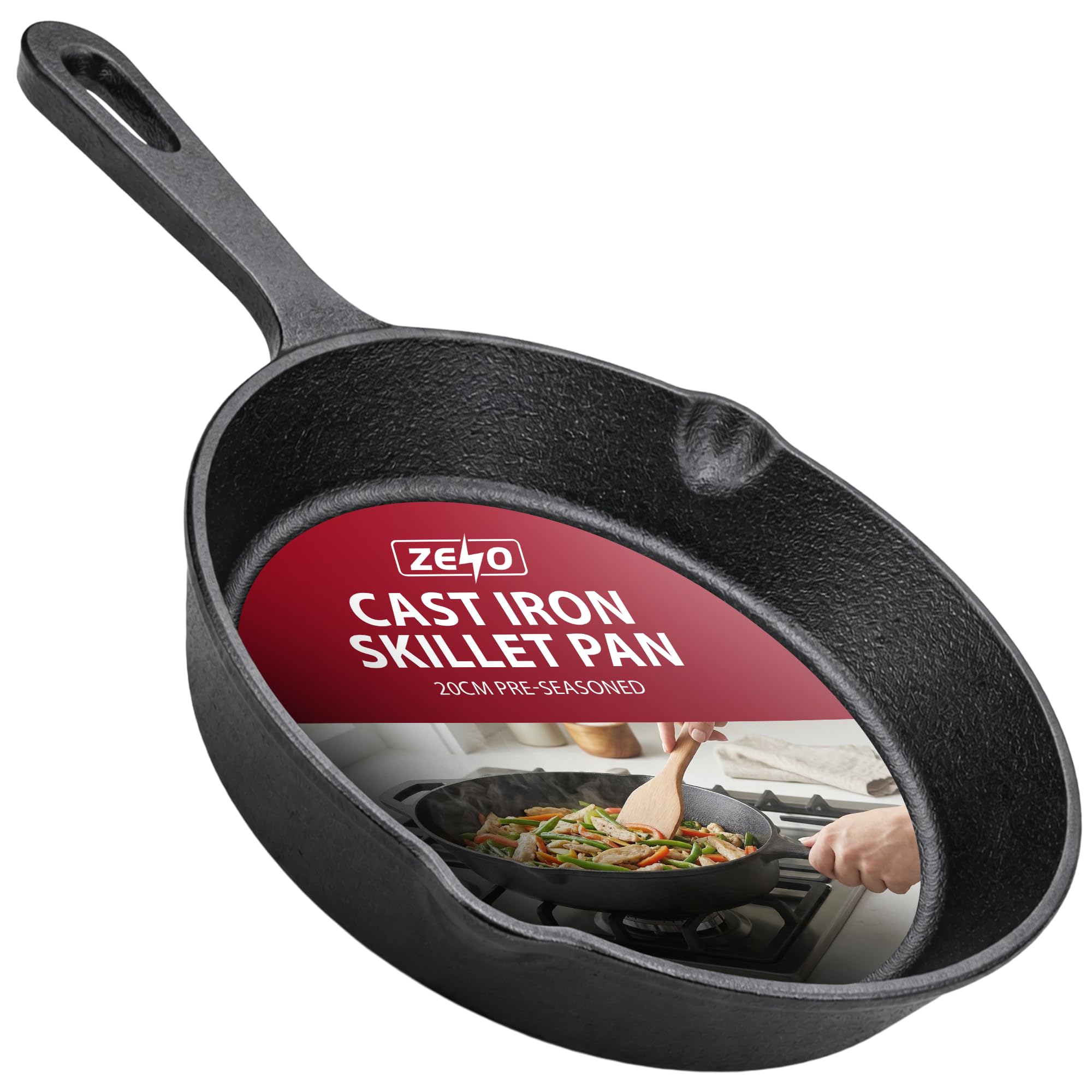 ZENO Cast Iron Skillet Pan 20CM | Pre-Seasoned Cast Iron Pan | Heavy Duty Cast Iron Frying Pan with Dual Handles | Oven Safe Skillet Pan for Hob, Grill, Oven and Camping | Cast Iron Skillet