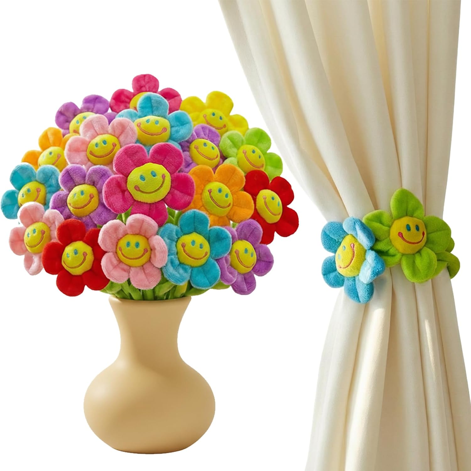 32 Pcs Plush Flower Curtain Tiebacks, Bendable Stem Cutdoor Tiebacks, Sunflower Flower Tiebacks for Bedroom Curtains, Outdoor Curtain Tiebacks, Suitable for Bedroom Curtain Decoration