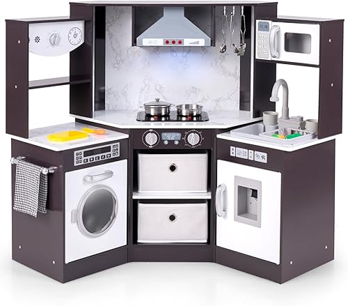 Miniatura 9 de Costzon Juego de cocina de esquina para niños, cocina de madera con luces y sonidos realistas, sistema de circulación de agua, lavadora y