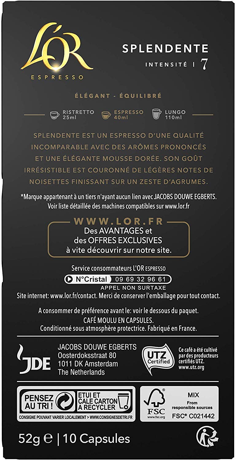 L'Or Espresso Café Splendente - Intensidad 7-50 Cápsulas de Aluminio Compatible con Nespresso, 5 x 10 Cápsulas, Pack de 2