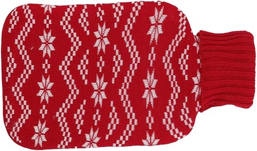 Fydun 1 Liter Large Rubber Hot Water Bottle Knitted Cover Hot Water Bottle for Pain Relief Body Warming Red Deer Wide Range of Uses (Red Snowflake)