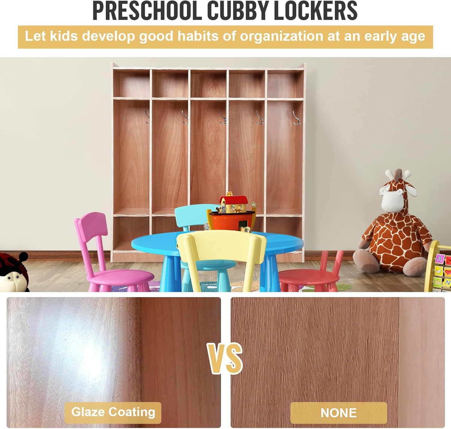 5-Section Classroom Coat Locker, 10 Cubbies for Classrooms with Anti-tip Kit, Daycare Cubby with 4 Casters, 5 Hooks & 2 Storage Boxes, Wooden Storage Cabinet for Home, School, Kindergarten