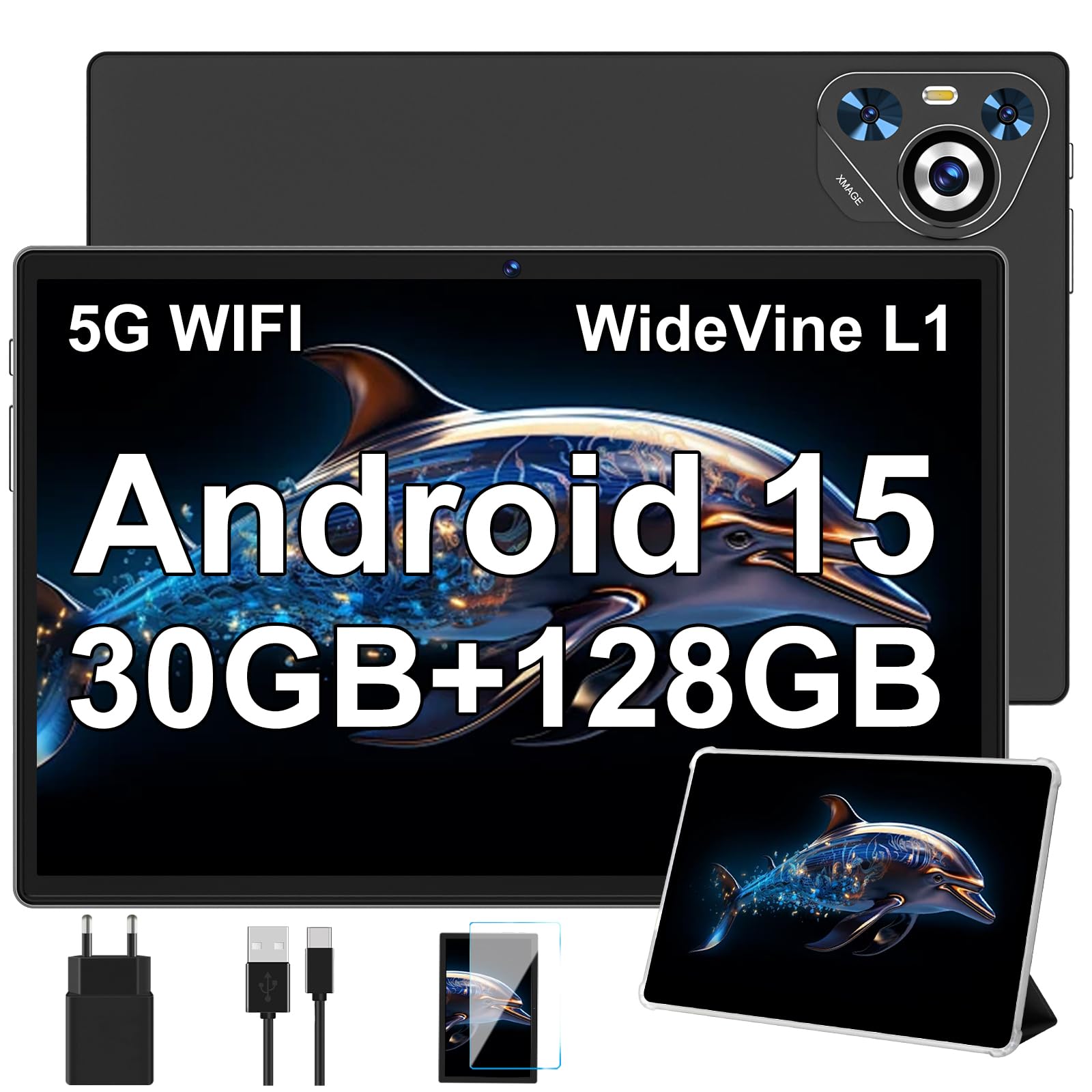 Dghrti Tablet Android 15, Schermo IPS HD 10 Pollici, 30 GB RAM e 128 GB + Estensione 1TB TF, Octo-Core e 8000mAh, WiFi 6, Widevine L1-5+8 MP, Telaio in Metallo, Tablet touch con Custodia- Nero