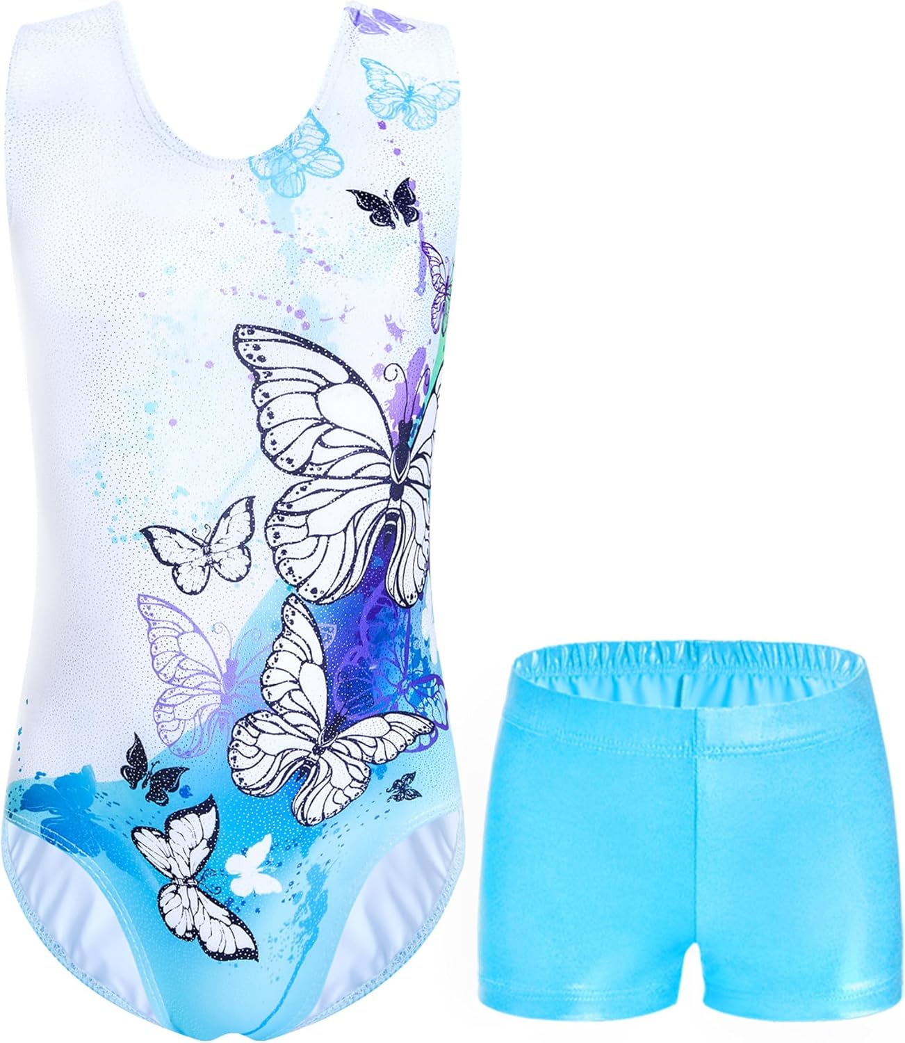 Domusgo Girls Gymnastics Leotards Set One Piece Sleeveless Tumbling Outfits with Matching Shorts