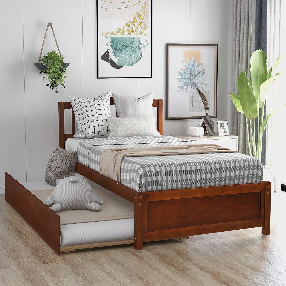 Rhomtree Twin Size Platform Bed with Trundle Bed Frame Daybed with Headboard Kids Bed for Teens Boys Girls Adults Guests (Walnut)