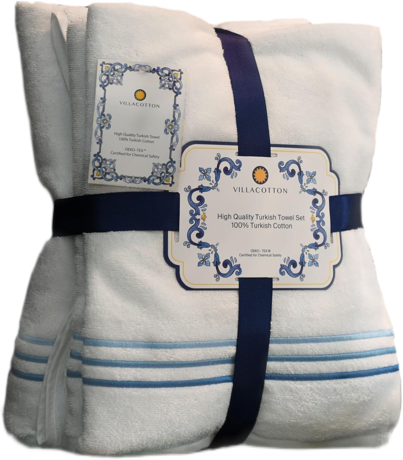100% Turkish Cotton Embroidered Towel - Soft Five-Star Hotel Quality (Navy, Set (Hand, Bath, Sheet))
