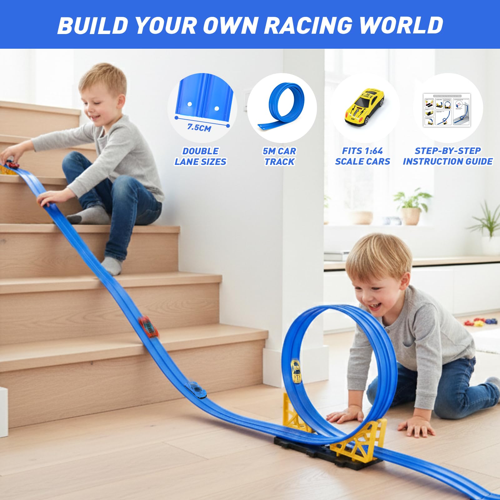 Dreamon Piste Macchinine per Bambini 3 4 5 6 7 Anni 5 Metri Pista Flessibile Macchinine con 4 Macchinine 2 Rampe 1 Borsa Portaoggetti 4 Ventose Regalo per Bambino e Bambine