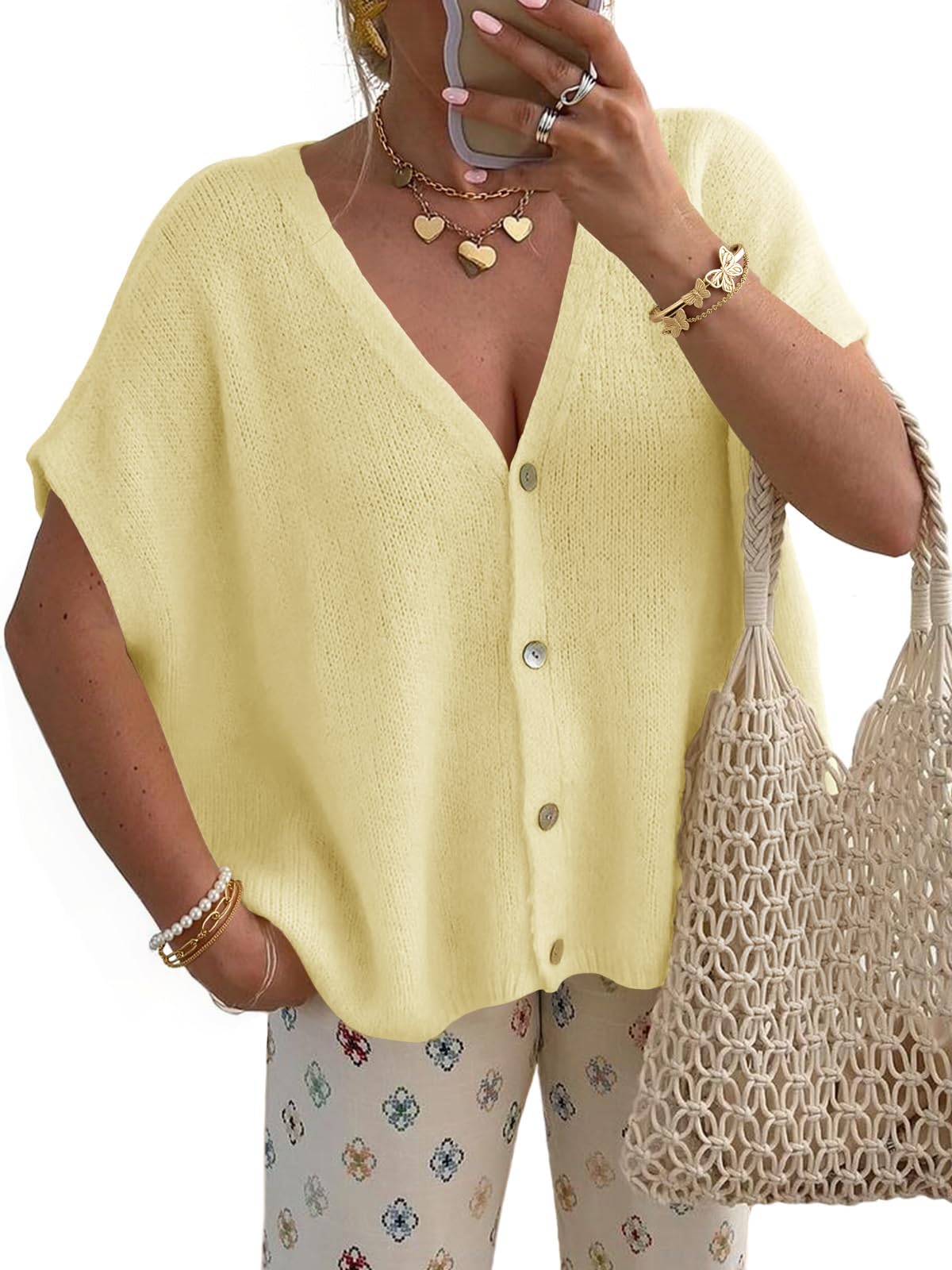 Womens Spring Sweaters Cardigans 2026 Summer Tops Trendy Short Sleeve V Neck Button Coverup Vacation Casual Outfits