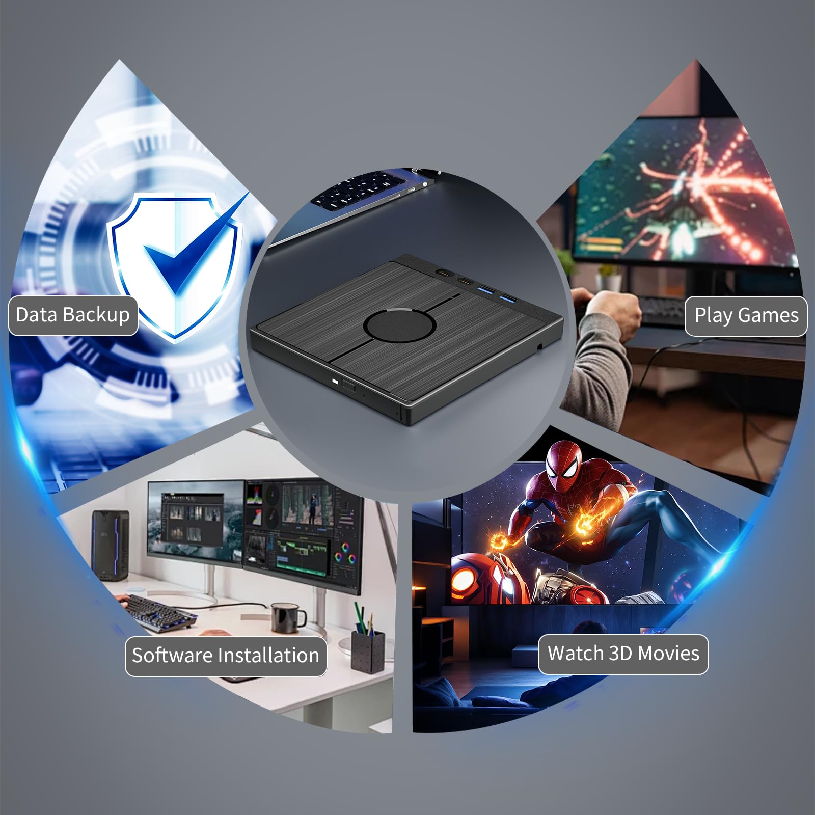 Unidad Blu Ray externa 7 en 1, Blueray/DVD portátil para PC con puertos de tarjeta USB 3.0/Type-C/SD/TF, compatible con disco de 100 G USB Blu Ray Drive externo, Blu Ray Burner para Windows 6