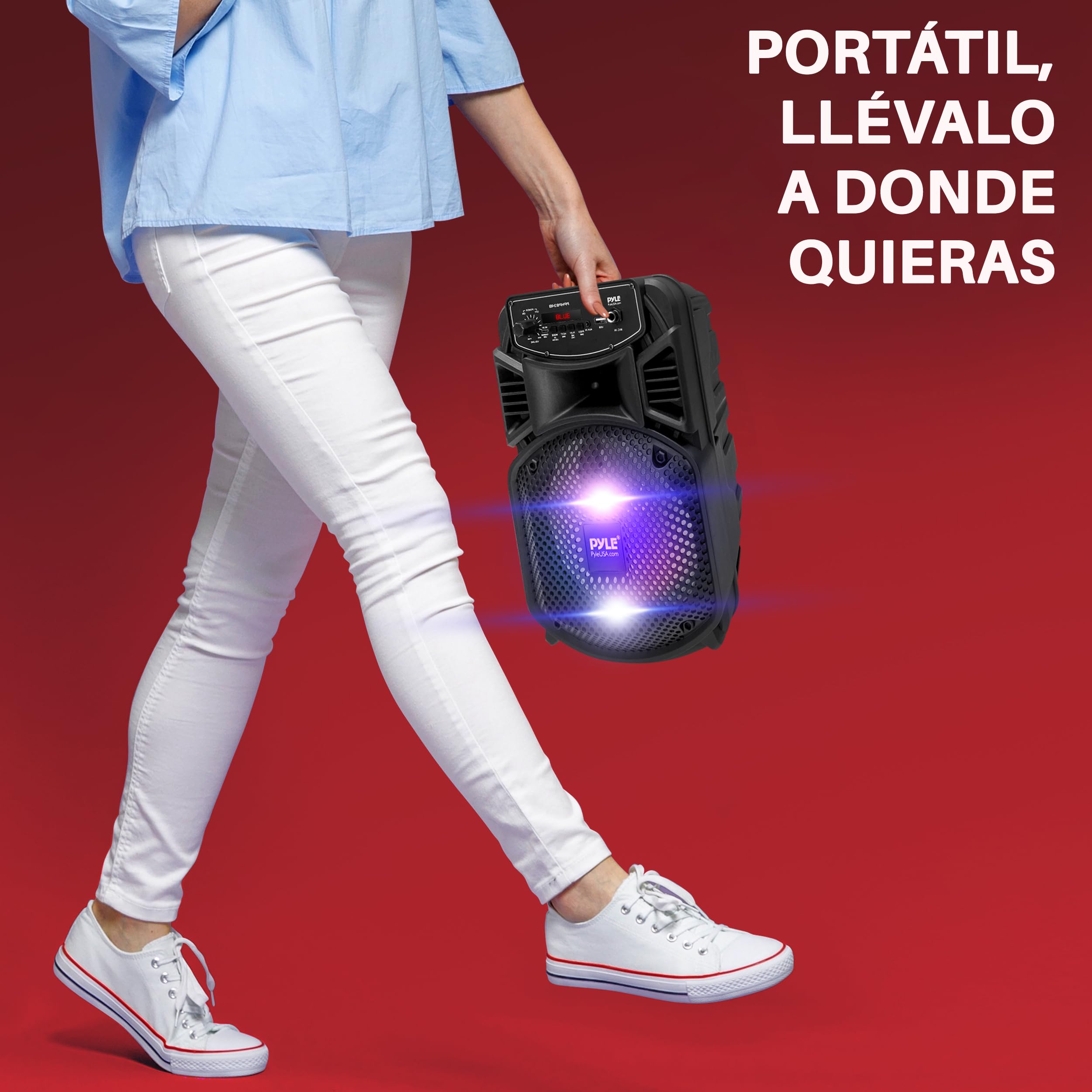 Pyle Sistema de Altavoces, PA, 300W, Bluetooth, portatil, Recargable, Exteriores, subwoofer de 8”, Tweeter de 1”, función de grabación, micrófono, Luces de Fiesta, Radio USB/SD, Color Negro