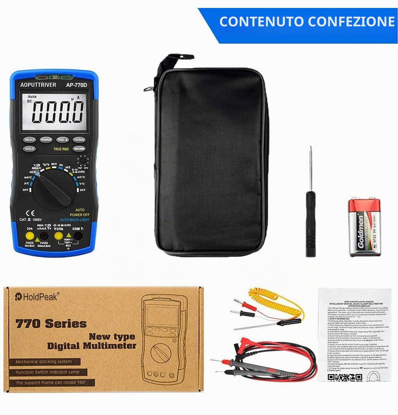 Digital Multimeter Autoranging HP-770D TRMS 40000Counts Multimeter Tester Voltmeter Ammeter with High Precision for NCV AC/DC Voltage Current Resistance Capacitance Frequency Diodes hFE Temperature