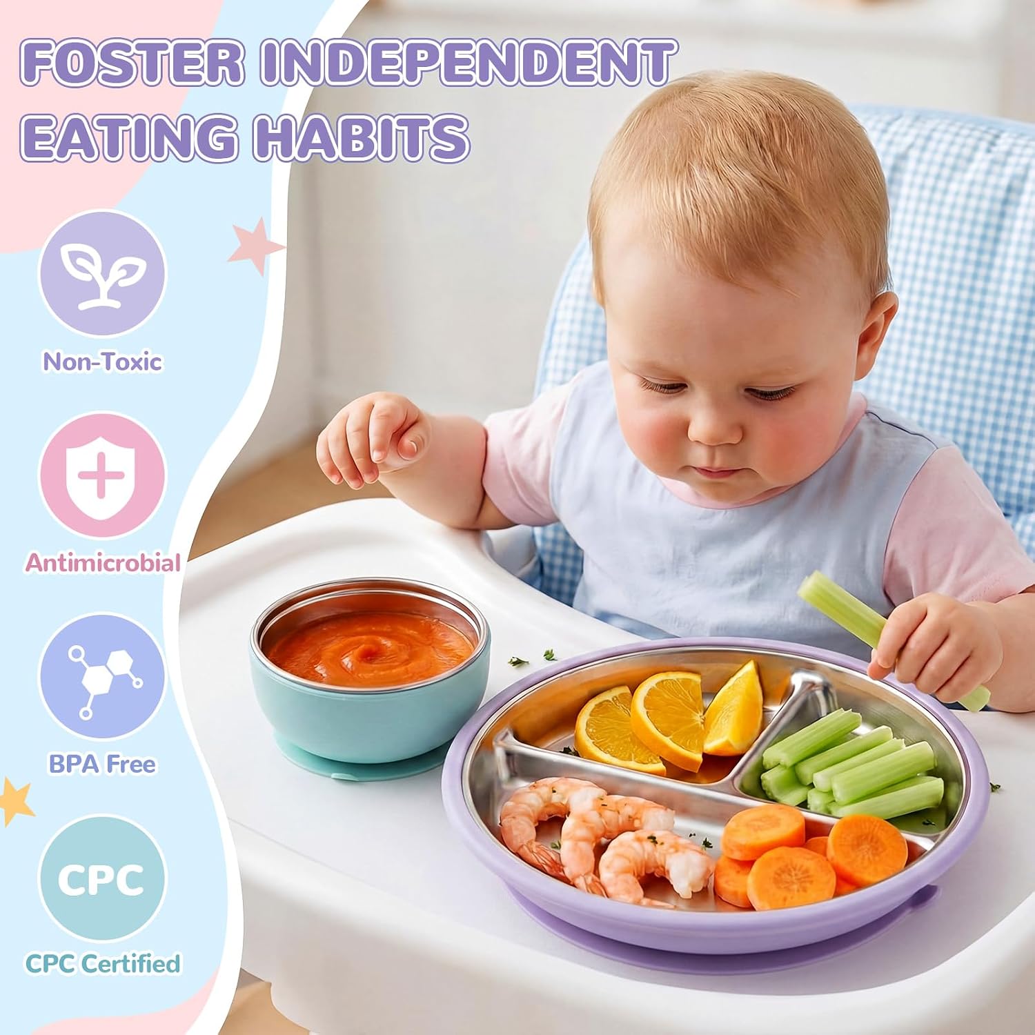 Havawish 8 Pcs Stainless Steel Baby Plate and Bowl with Suction, 8.3" Kid Divided Plate 4" Toddler Bowl with Removable Silicone, BPA-free Non-slip Baby Feed Set Dishwasher Safe for Boy Girl (Gray)