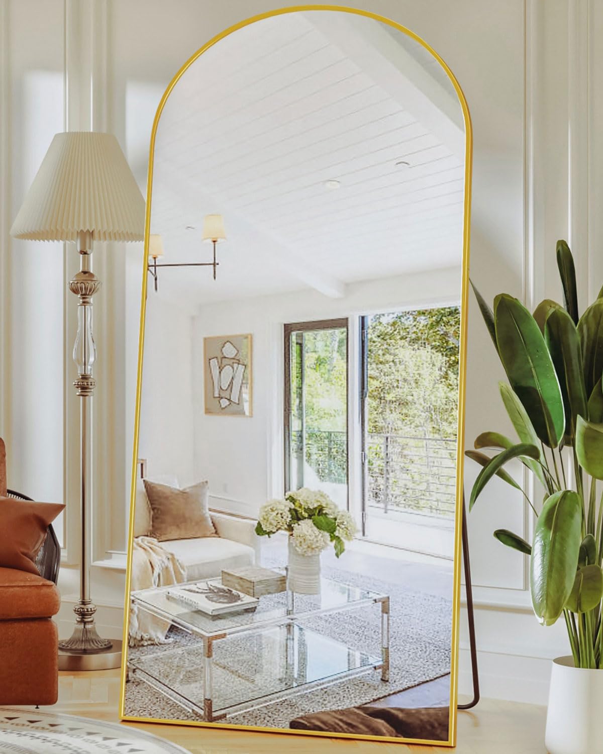 Antok Miroir Pleine Longueur, sur Pied, 180 x 76 cm, avec Cadre en Alliage d'aluminium et Verre incassable, Miroir de Sol bombé pour Salon, Dressing, doré