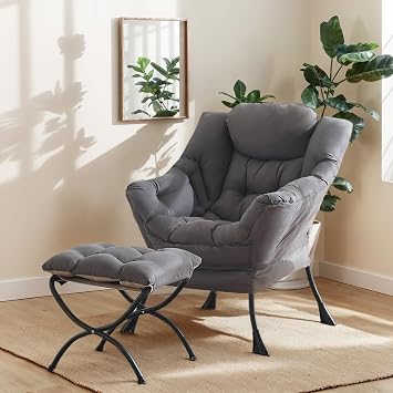 Lazy Chair with Ottoman Reading Arm Chair with Armrest and Footrest Large Modern Lounge Accent Chair with Ottoman Leisure Sofa Chair for Living Room, Bedroom and Dorm Room Dark Grey