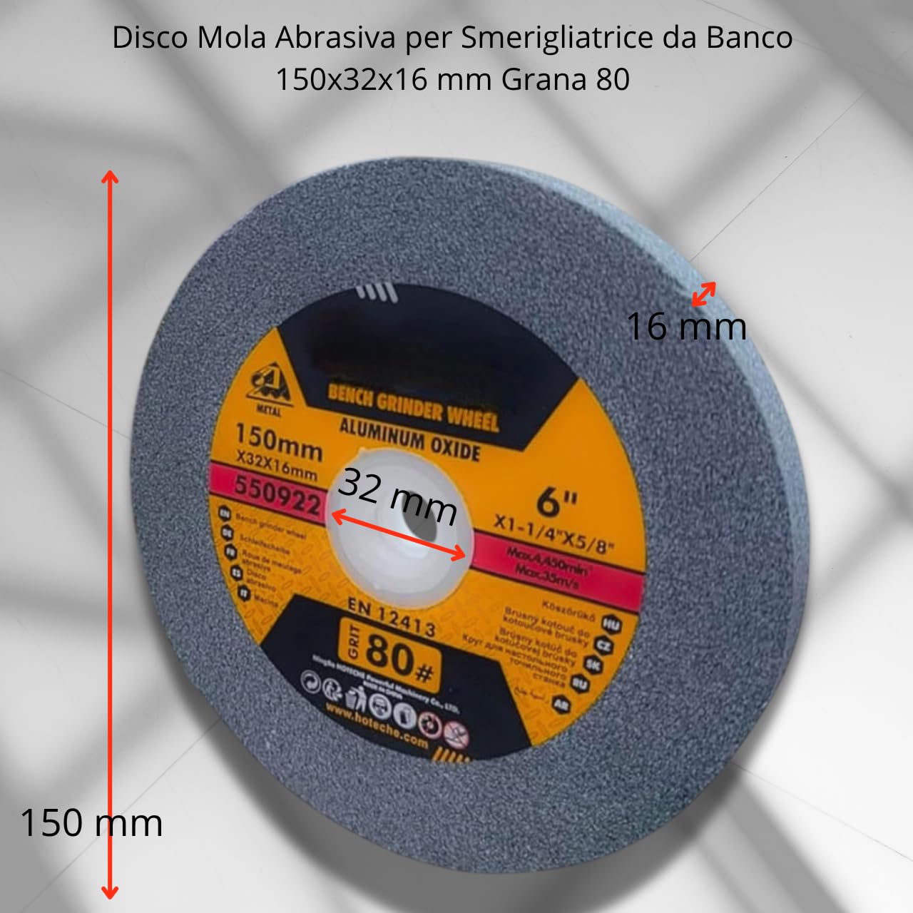 Disco Mola Abrasiva per Smerigliatrice da Banco 150x16 mm | Grana 80 | Set Professionale con 4 Anelli di Riduzione (32mm a 12.7mm) | Pietra Abrasiva per Metallo, Acciaio, Affilatura e Fai-da-Te