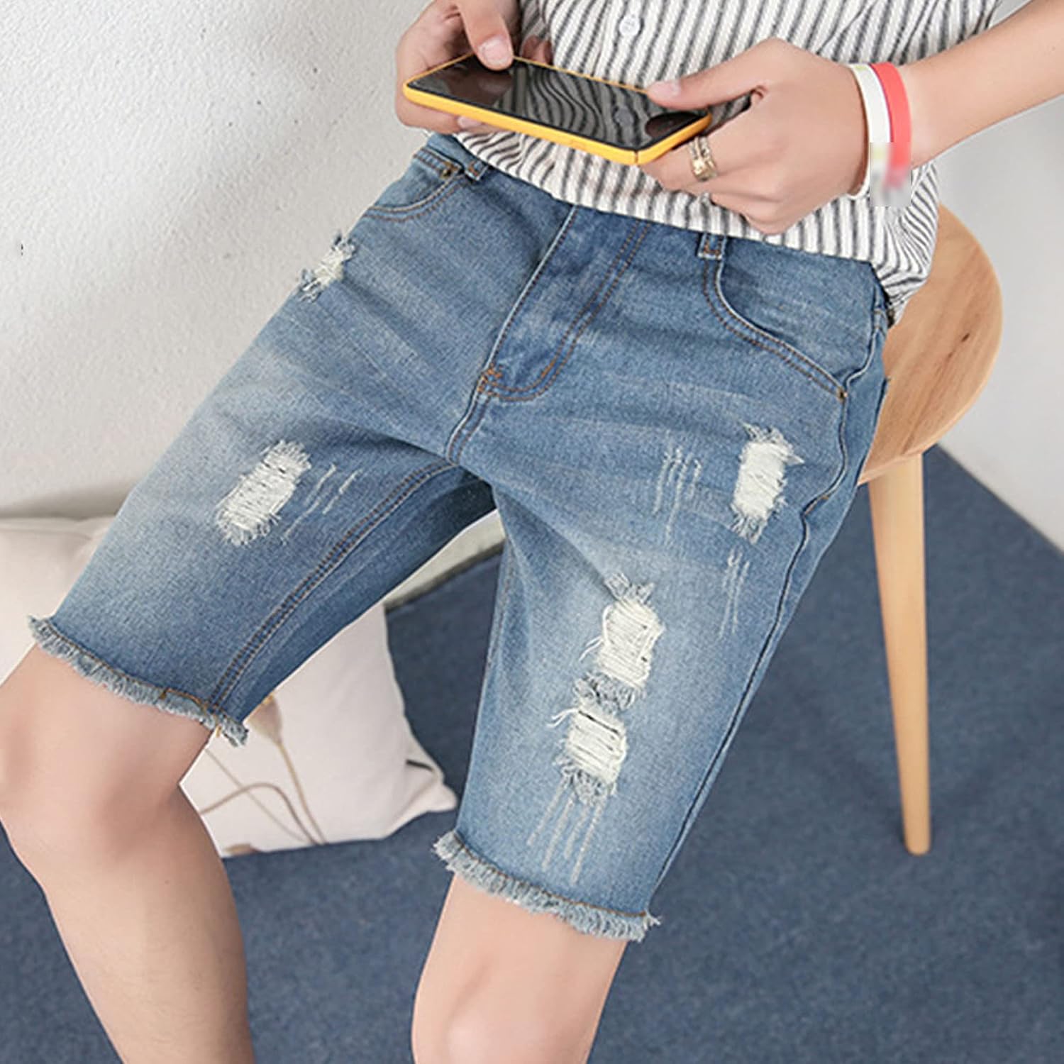 Men's Casual Classic Ripped Washed Jean Shorts Hollow Out Fashion Denim Shorts Regular Skinny Work Short Jeans