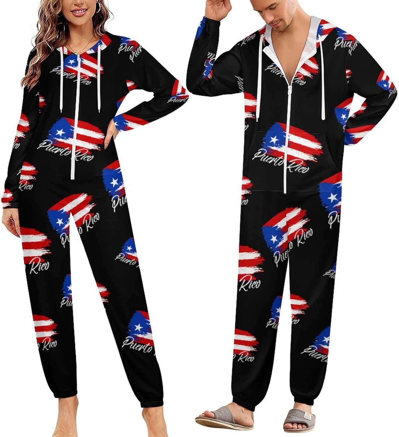 Vintage Puertorico Flag Adult Pajamas Onesie with Hood Pocket Jumpsuits One Piece Sleepwear