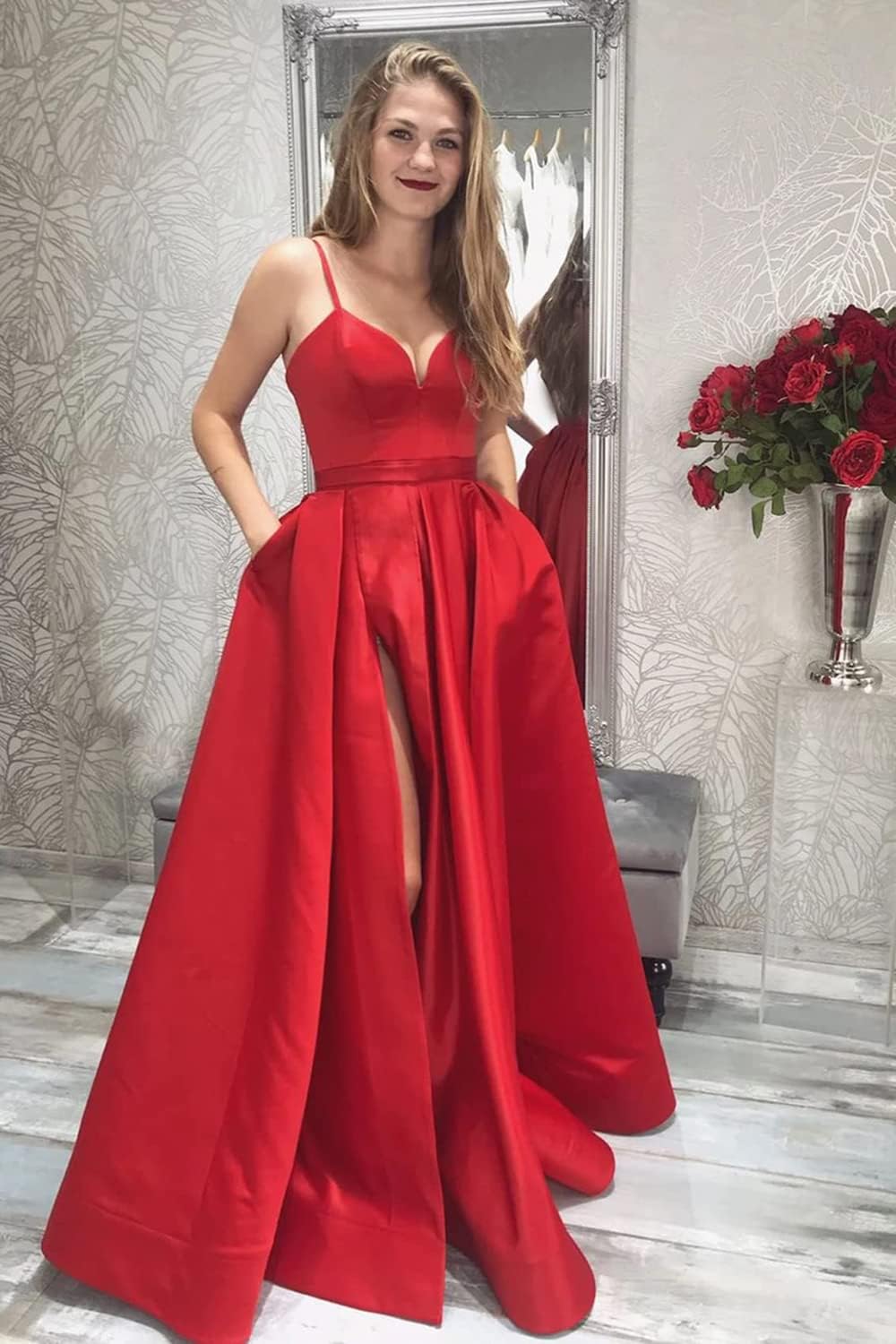 Women's Spaghetti Straps Split Satin Prom Dress Long Evening Party Dresses with Pockets