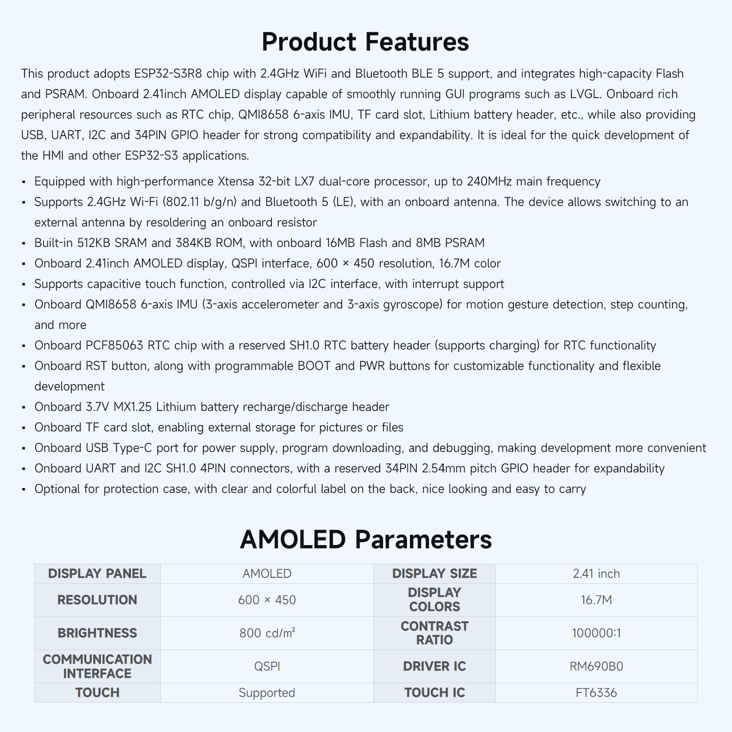Waveshare ESP32-S3 2.41inch AMOLED Touch Display Development Board, 600x450, 32-Bit LX7 Dual-Core Processor, Onboard Accelerometer and Gyroscope Sensor, ESP32 with Display with Case