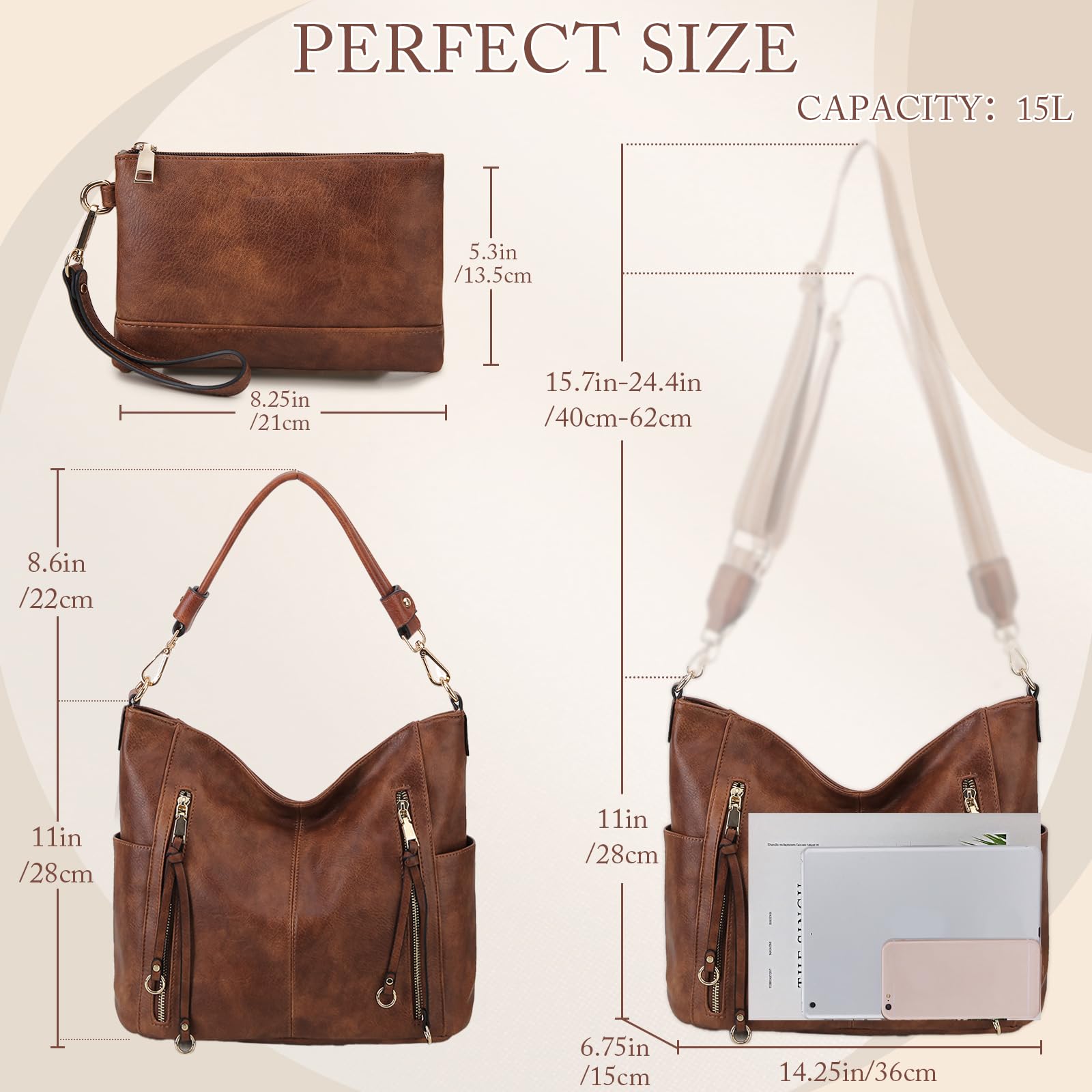 Chase Chic Bolsos de Mujer Hobo, Bolsos Bandolera Bolsos Tote Bolsos de hombro Grande PU Cuero Monedero Carteras 2pcs Set