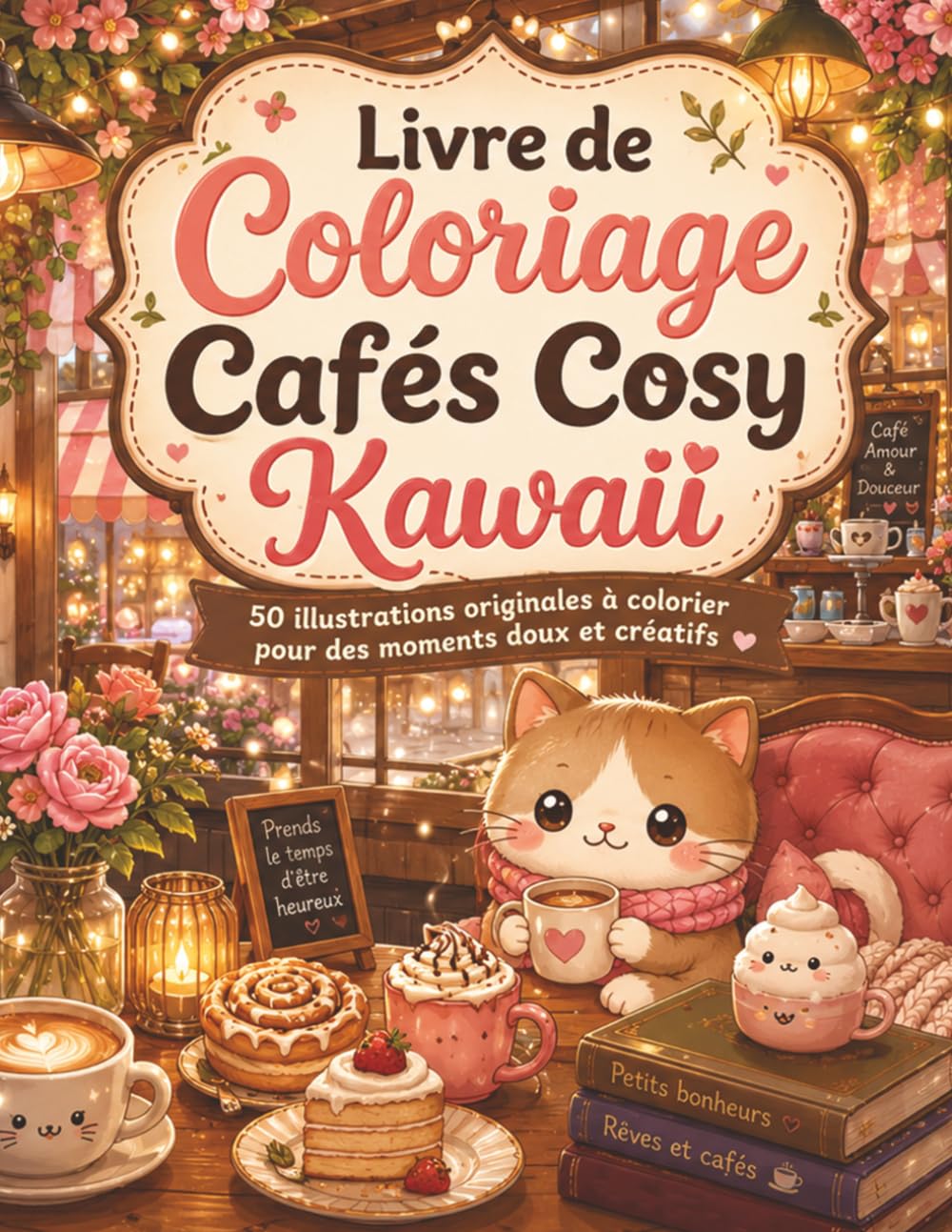 Livre de Coloriage Cafés Cosy Kawaii: 50 scènes enchantées à colorier pour adultes et ados — lanternes, nuits étoilées et douce rêverie