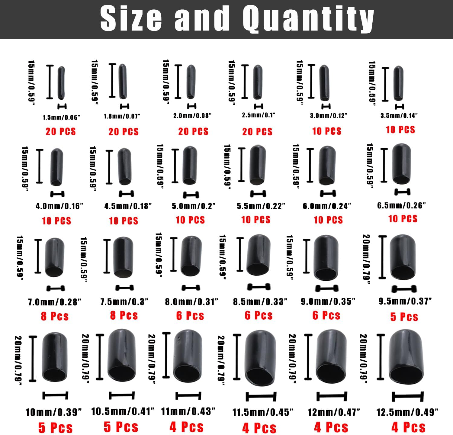 225Pcs Rubber End Caps, Vinyl End Caps Black Screw Bolt Screw Rubber Thread Protector Safety Cover in 24 Sizes from 0.06 Inch to 0.49 Inch