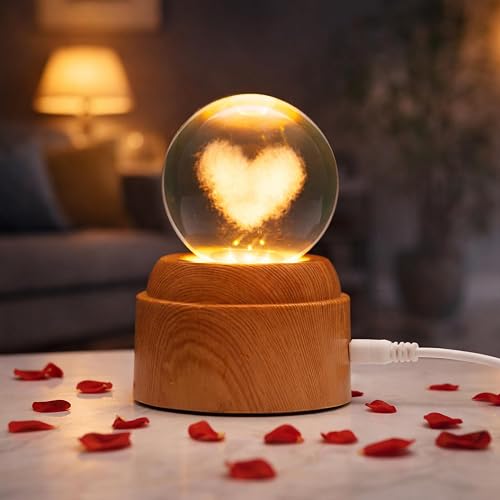 eCraftIndia Glowing Love Heart Transparent Crystal Ball Night Lamp with Wooden Base Showpiece | Table Lamp for Home Decor Bedroom Hotel Living Room Romantic Gift for Valentine Day Birthday Anniversar