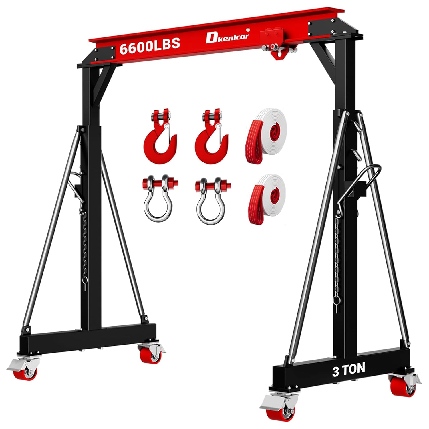 3 Ton 6600Lb Gantry Crane, 8.53FT Maximum Width, 8.53-12.47ft Adjustable Height, Portable Shop Lift Hoist with 3 Ton Manual Trolley, Red