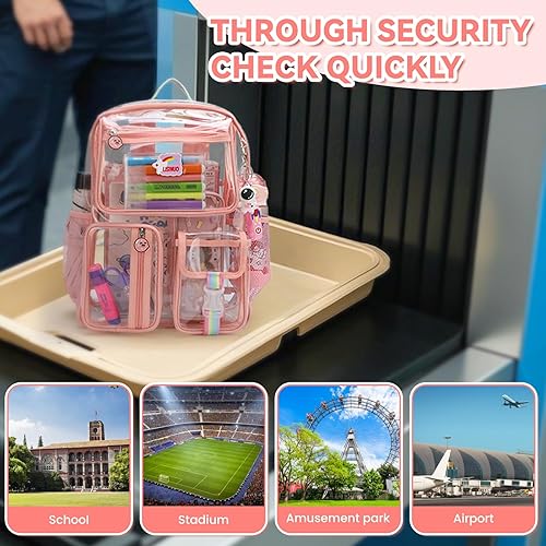 Miniatura 6 de Mochila transparente resistente, mochilas transparentes para la escuela, mochila para niñas aprobada por el estadio, con llavero, Rosado, Estándar,