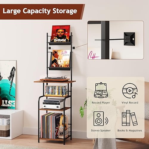 Miniatura 7 de Soporte para tocadiscos con almacenamiento de vinilo, mesa giratoria de 6 niveles con patas ajustables, gabinete de metal y madera, estante